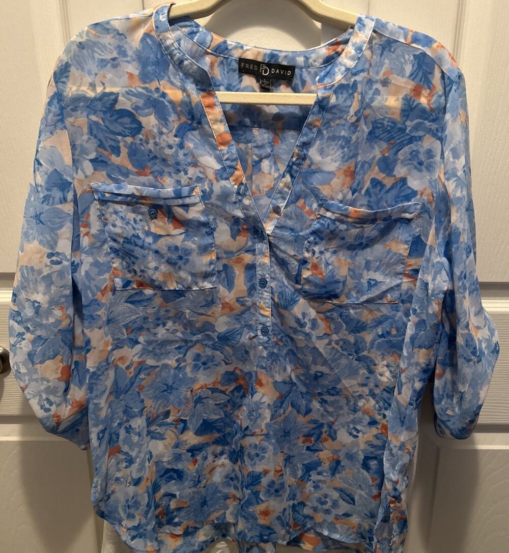 Fred David Womens Tunic Sheer Blouse Top Size L Blue And Peach Hawaiian
